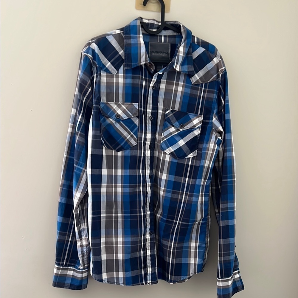 Urban Heritage Blue Plaid Western Snap Front Shirt Mens Medium